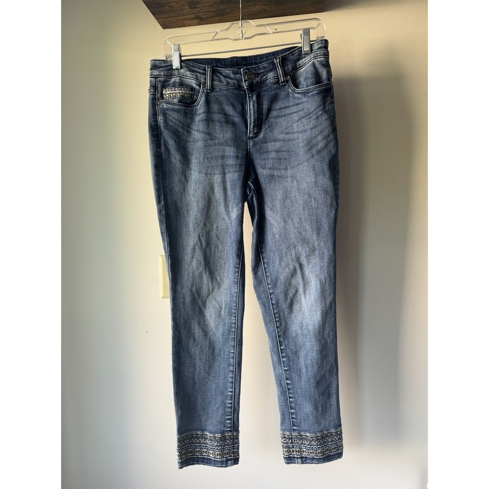 Christopher Banks Size 6 Blue Denim Crop Jeans Geometric Tribal Embroidered Hem